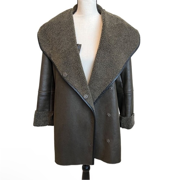 Sam Edelman Sydney Hooded Faux Leather Shearling Brown Coat Medium - Picture 5 of 14